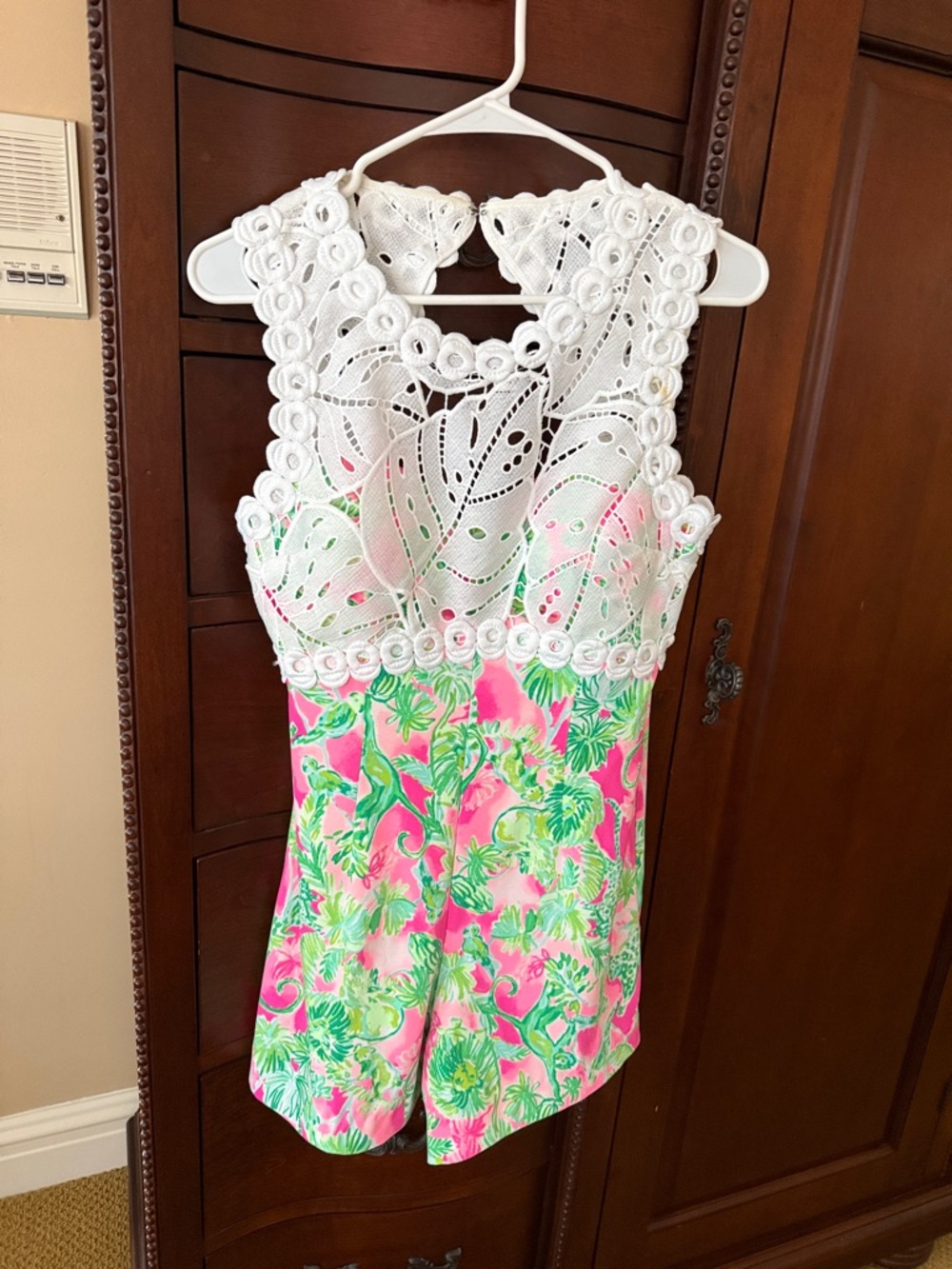 White Crochet & Pink Floral Mini Dress